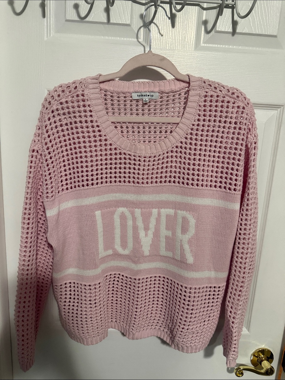 Hooked Up Pink 'LOVER' Open-Knit Sweater Size L